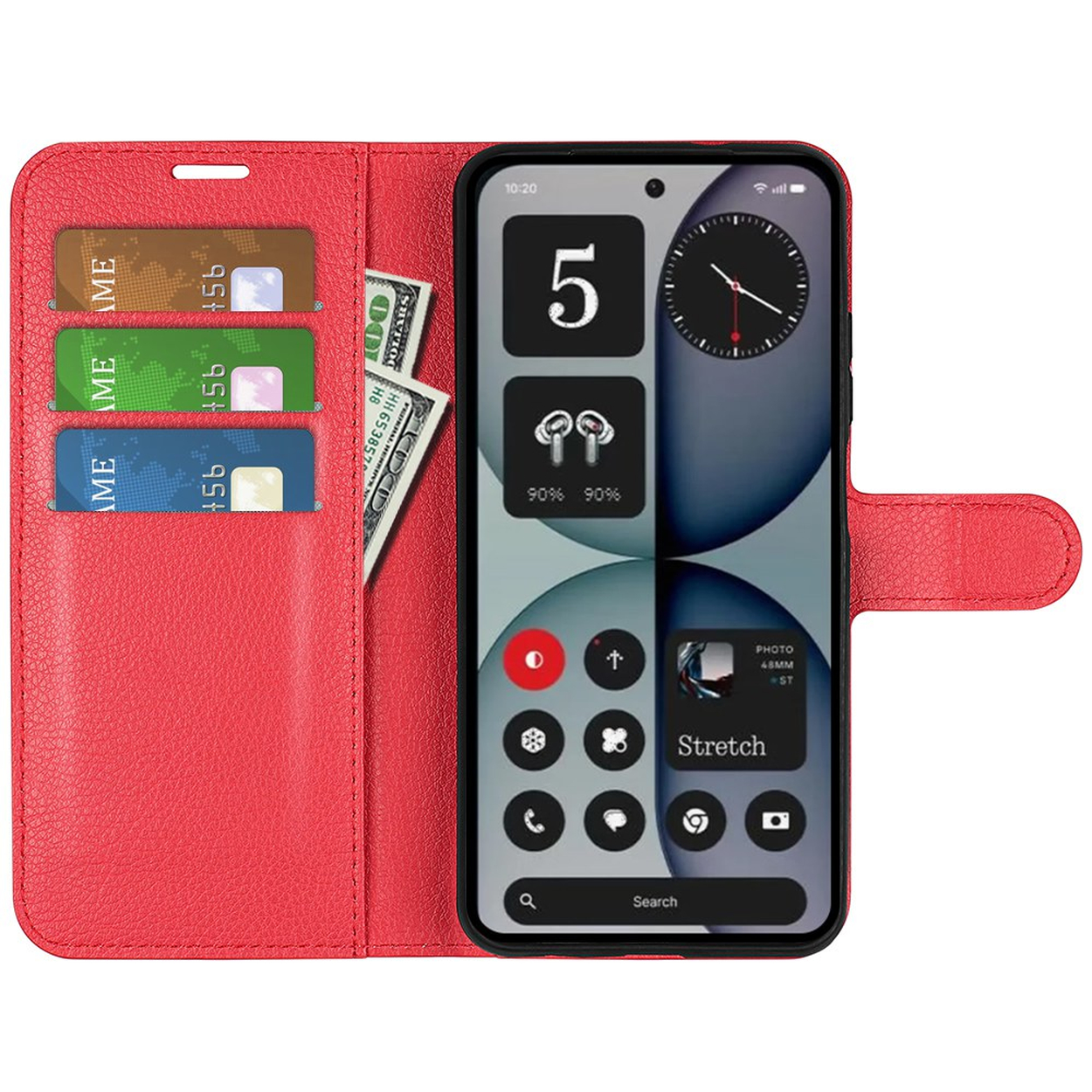 Étui de téléphone rouge avec fentes pour cartes et billets à côté d'un smartphone.