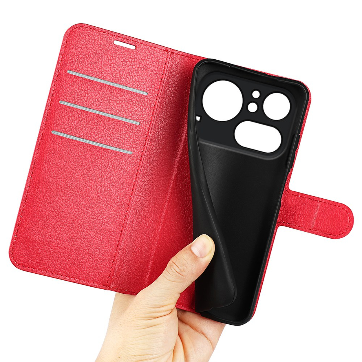 Étui portefeuille rouge pour téléphone avec emplacements pour cartes et support intérieur noir.