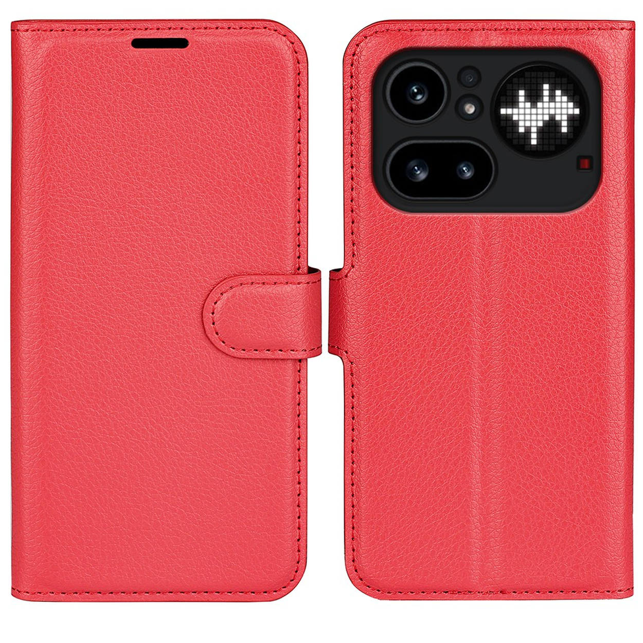Étui à rabat en cuir rouge pour smartphone avec zone caméra et flash.