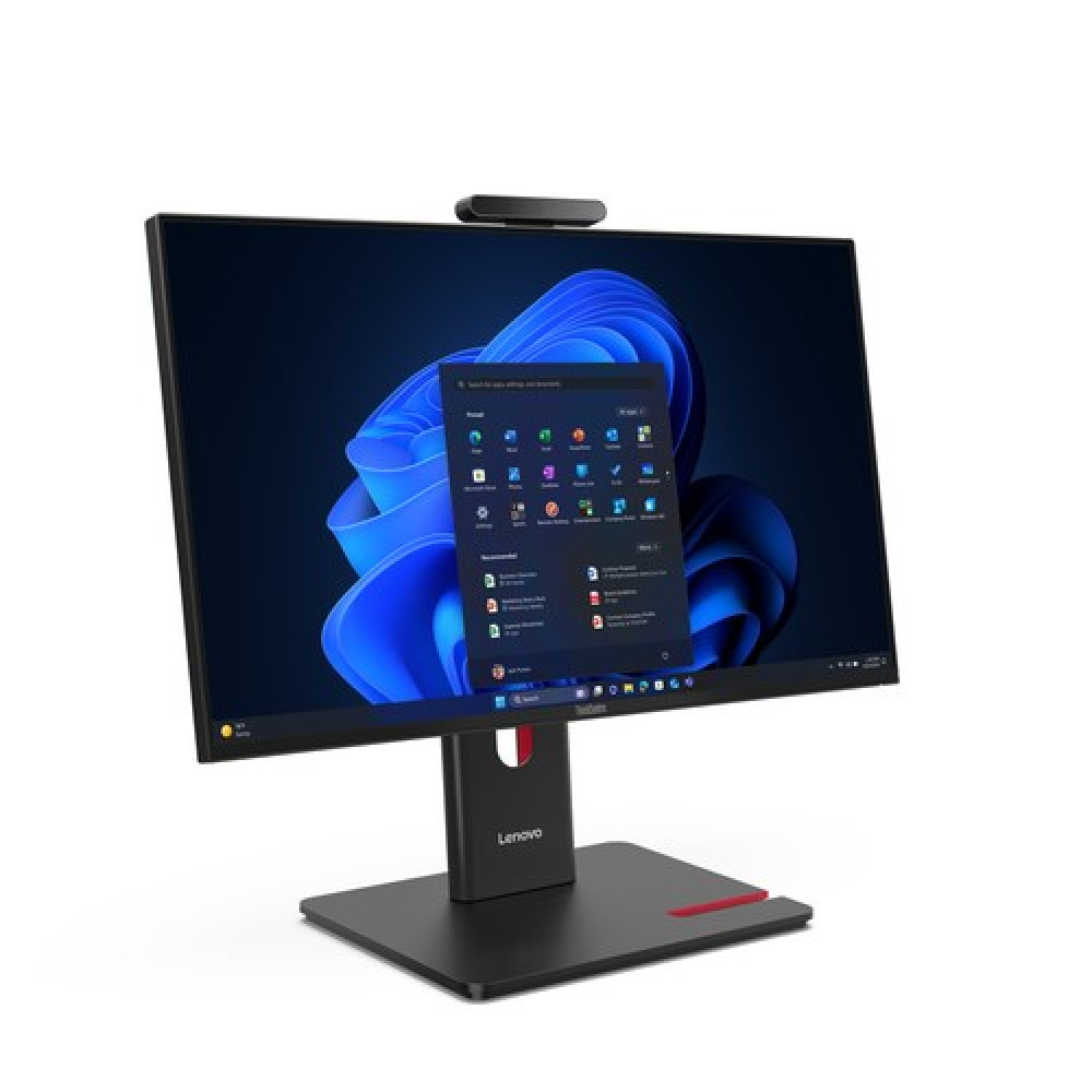Czarny komputer typu All-in-One Lenovo z szerokim monitorem wyświetlającym menu Start systemu Windows.