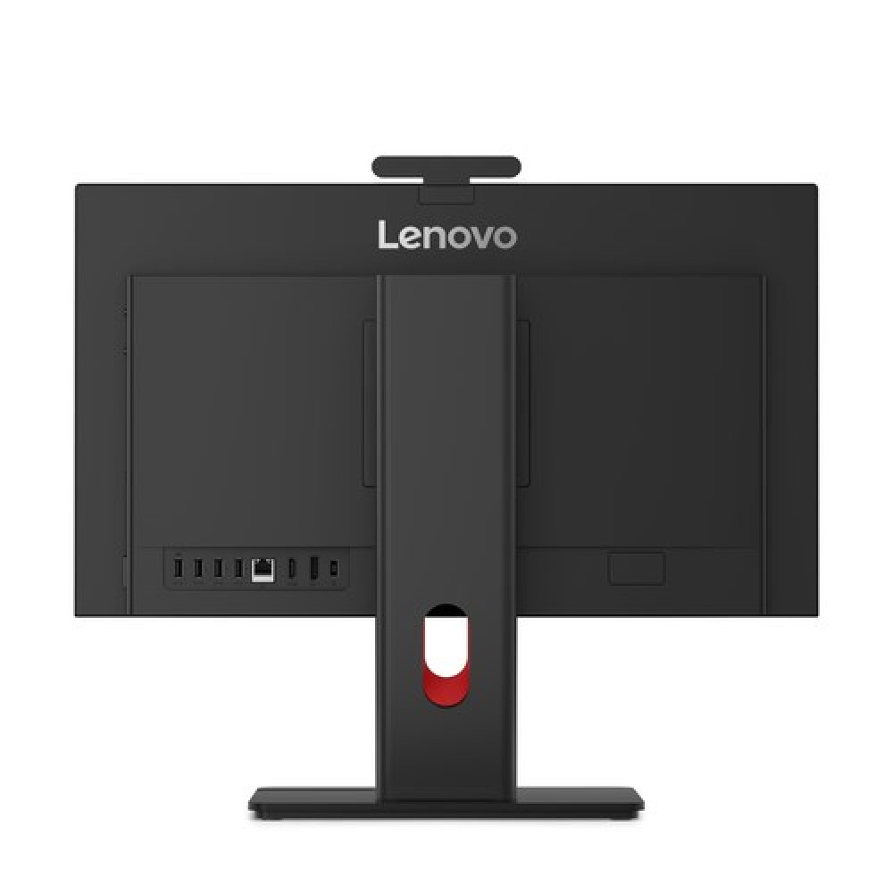 Tył czarnego komputera Lenovo All-in-One z portami i podstawką.