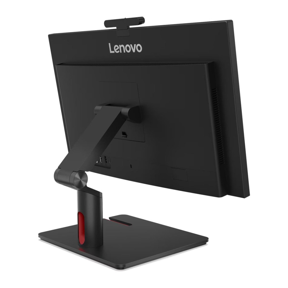 Widok z tyłu czarnego komputera All-in-One Lenovo z obrotowym stojakiem i wbudowaną kamerą.