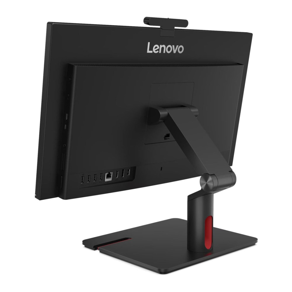 Tył czarnego komputera Lenovo All-in-One z portami i regulowanym stojakiem.