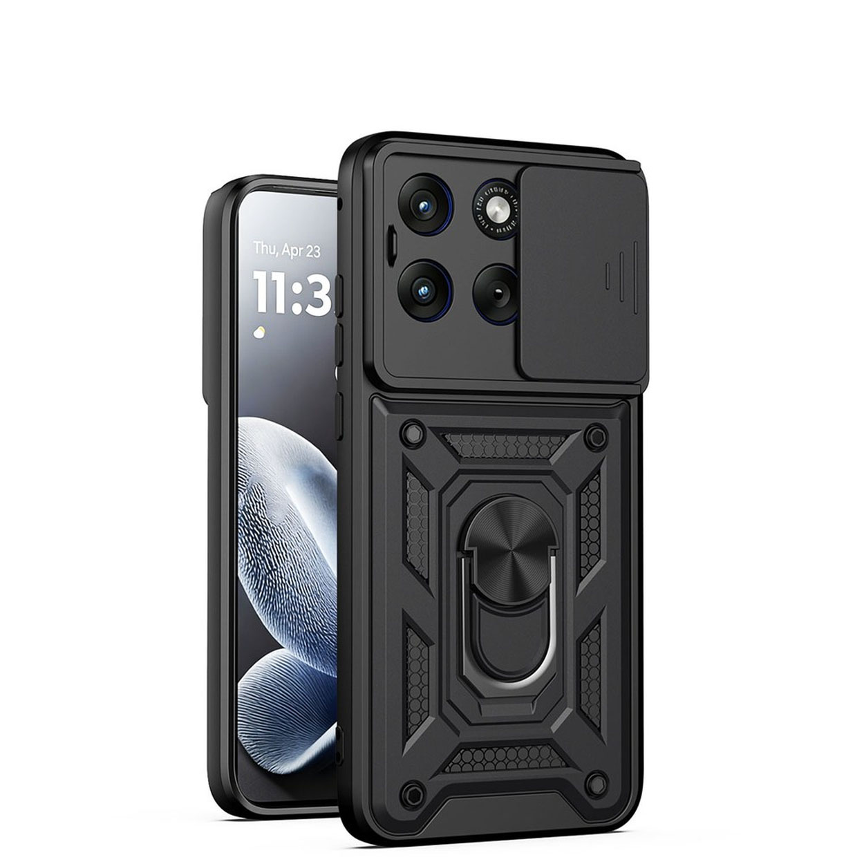 Une coque de téléphone noire avec curseur d'appareil photo et support bague est présentée. Le téléphone affiche l'heure.