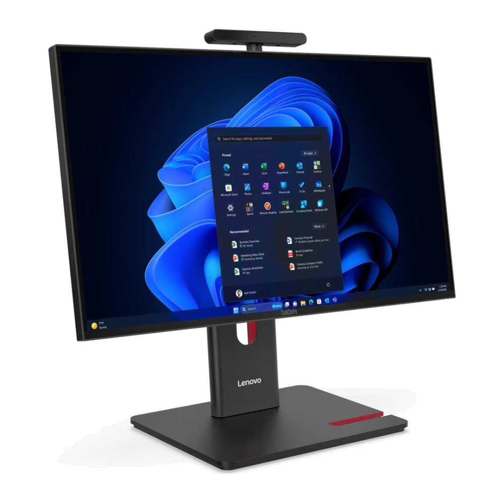 Czarny komputer Lenovo all-in-one z kamerą internetową na górze. Ekran wyświetla Windows 11.