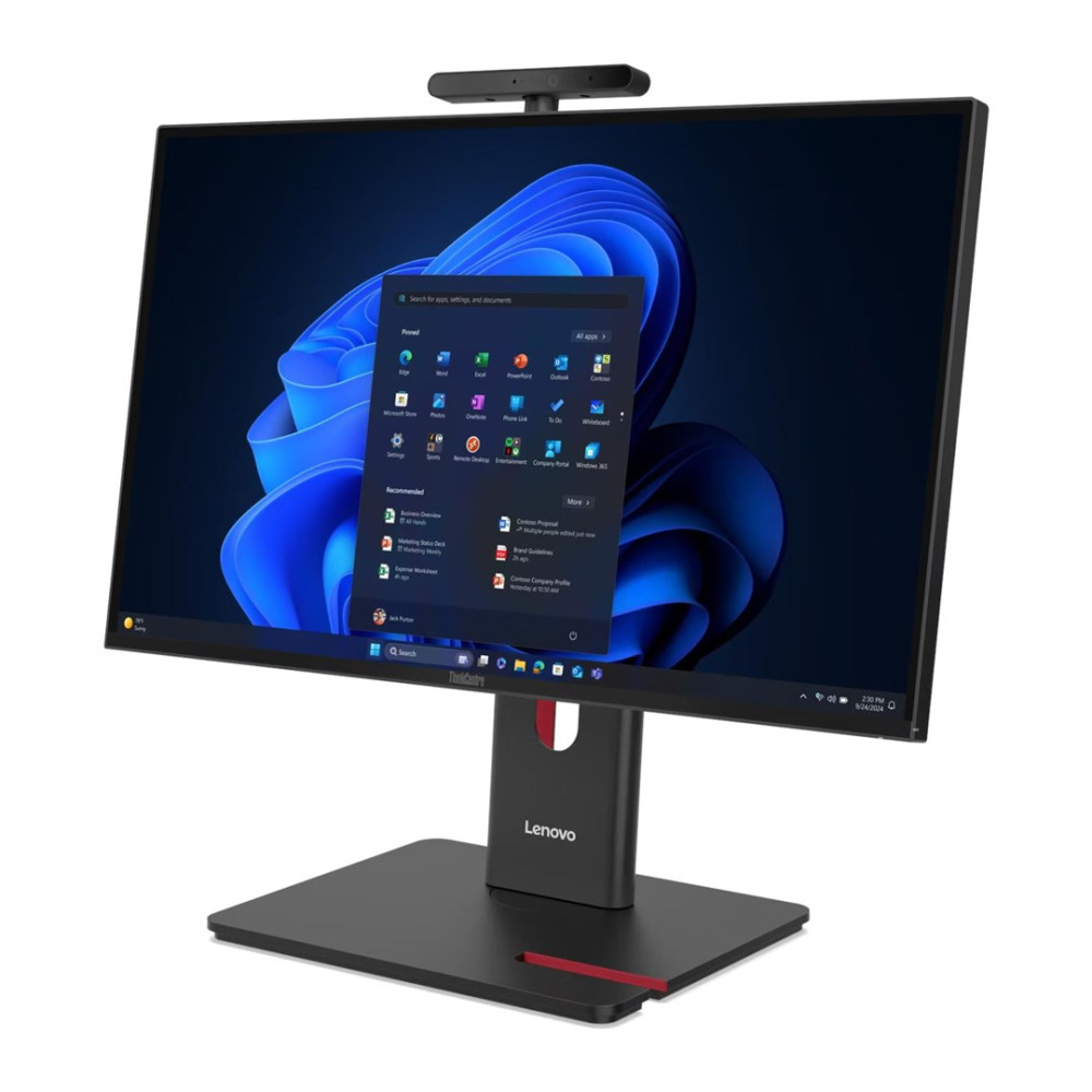 Komputer All-in-One Lenovo z ciemnym tłem i niebieską tapetą.