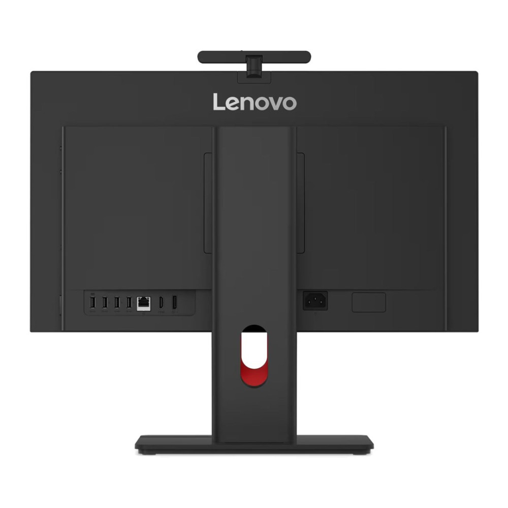 Tył czarnego komputera all-in-one Lenovo z portami.