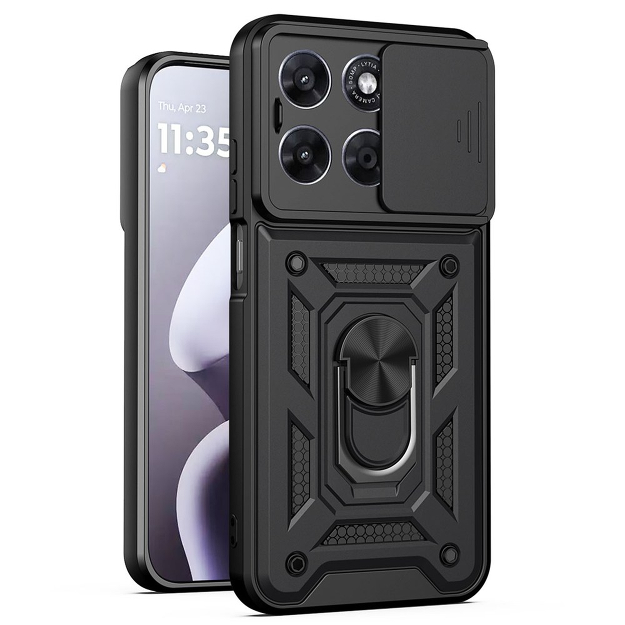 Coque de téléphone robuste noire avec cache caméra coulissant et anneau.