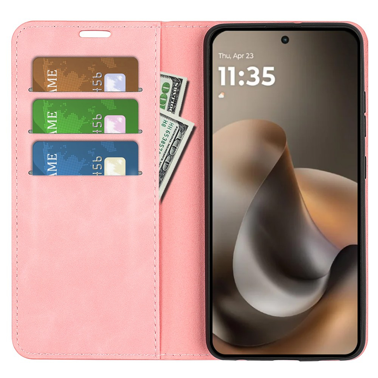 Een roze telefoonhoes met drie kaartsleuven en bankbiljetten. De telefoon toont 11:35.