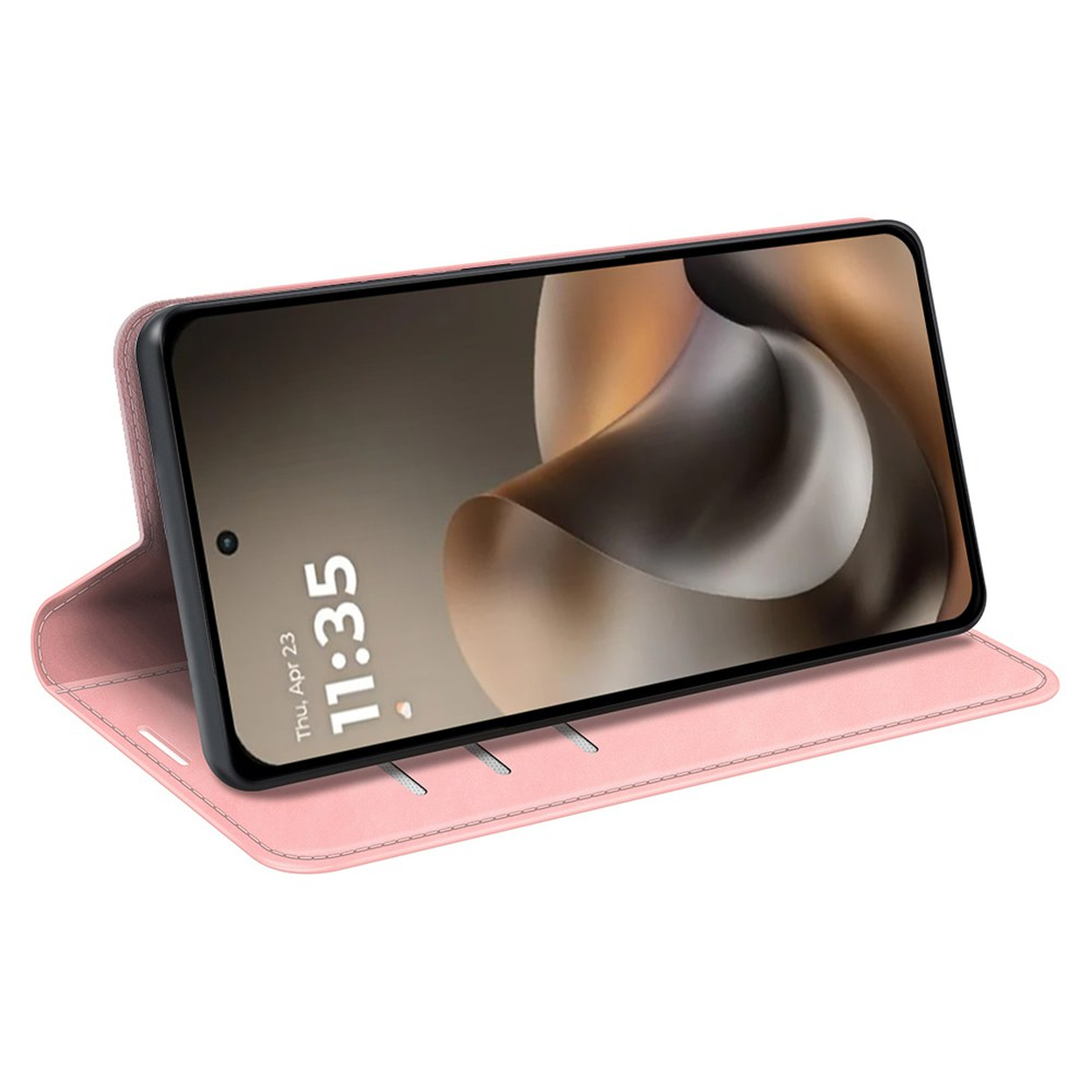 Een roze flip telefoonhoes met een smartphone die de tijd 11:35 weergeeft.