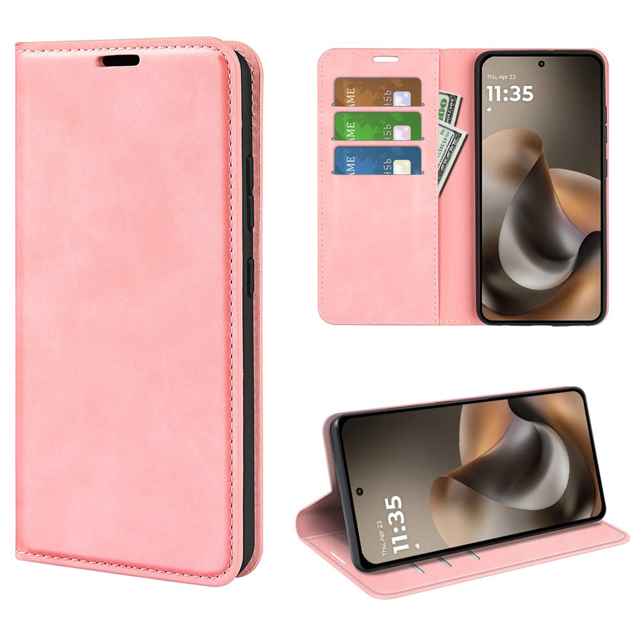 Een roze telefoonhoesje met kaarthouders en geldvak.