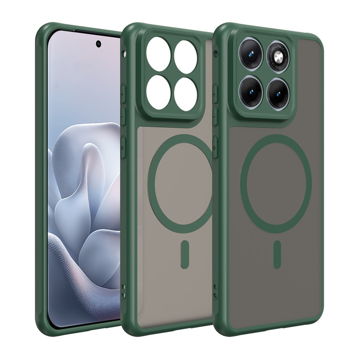 Twee groene telefoonhoesjes, één met camera's, de ander met vier cirkels.
