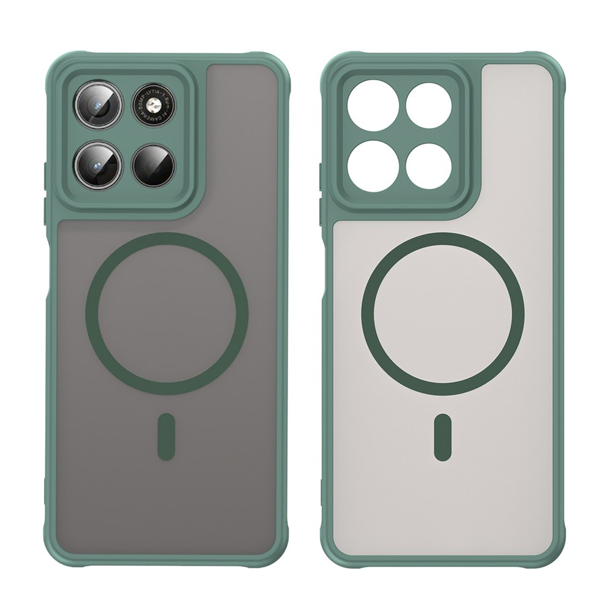 Twee groene telefoonhoesjes met magnetische cirkel en camera-uitsparing.