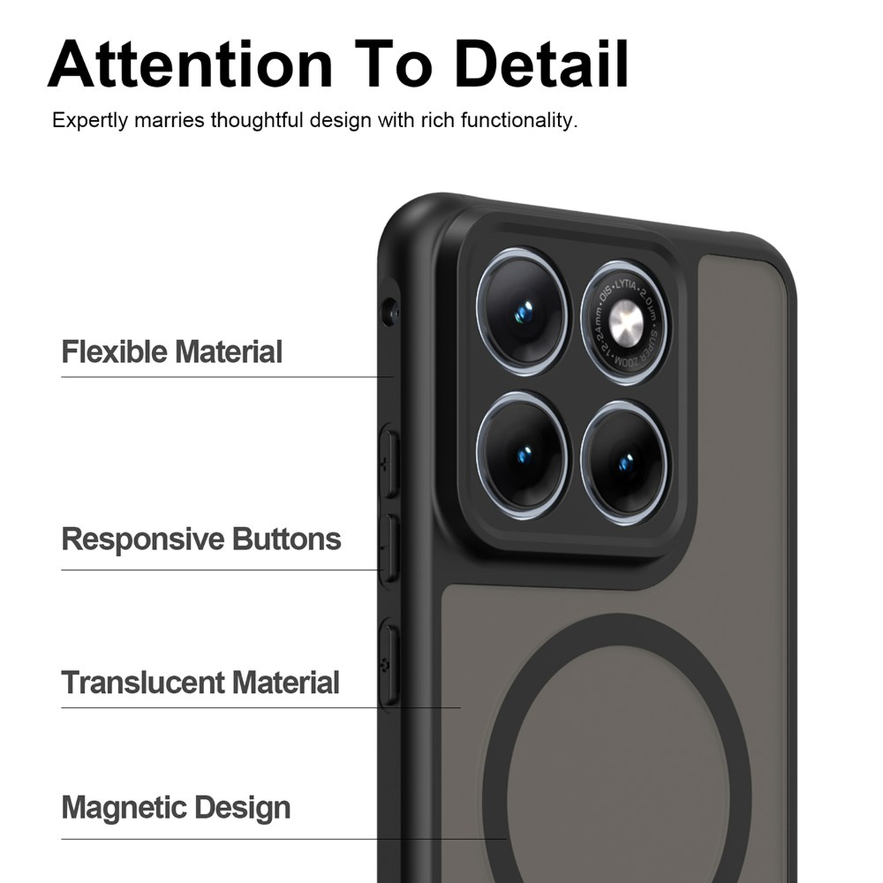 Telefoonhoes met camerabult, knoppen en magnetische ring. Kenmerken: Flexibel, responsief, doorschijnend, magnetisch.