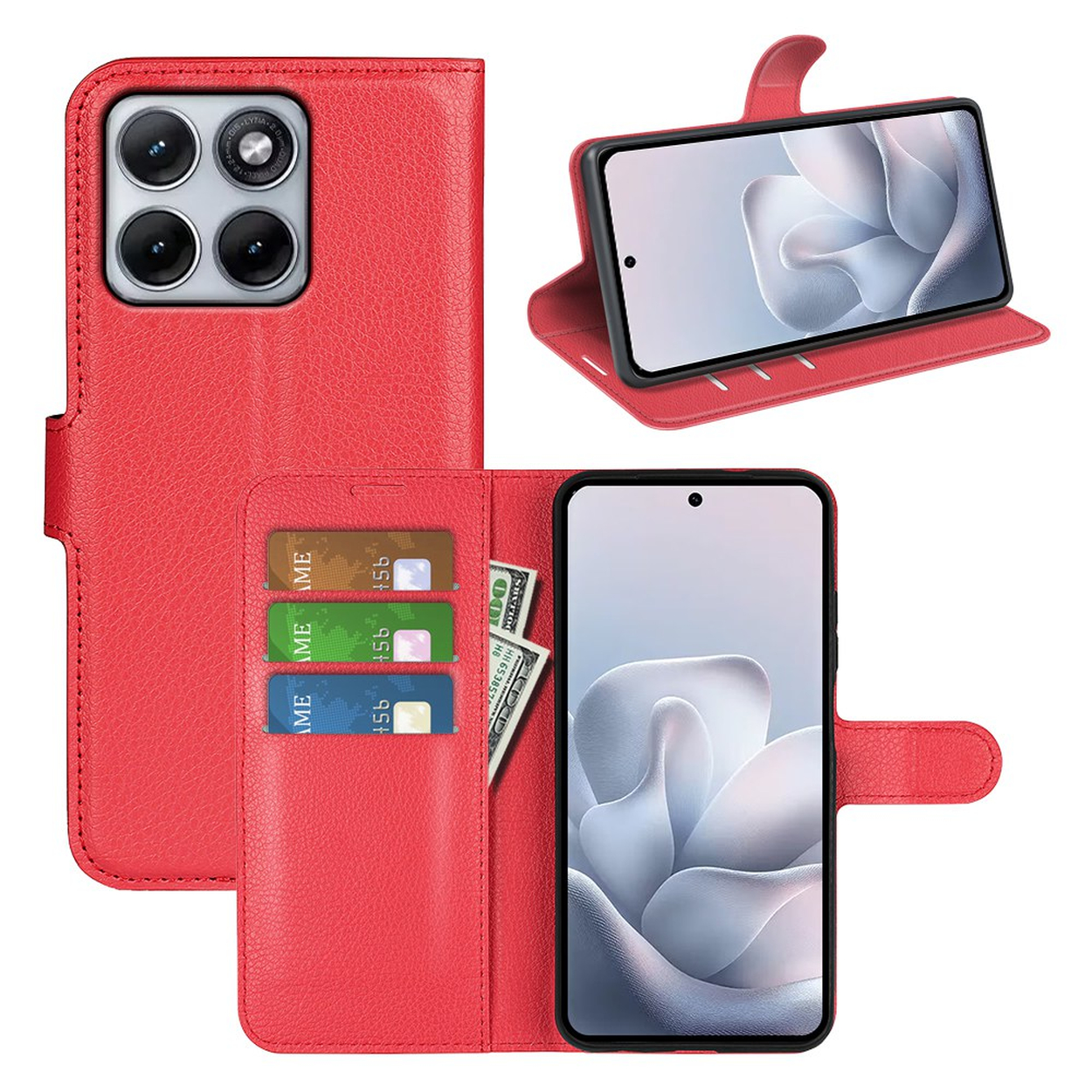 Étui portefeuille rouge en cuir avec fentes pour cartes et argent, montrant téléphone avec appareil photo.