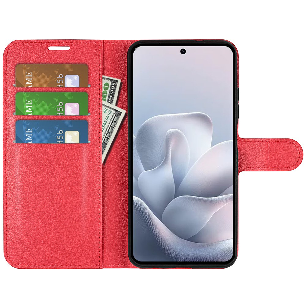 Étui portefeuille en cuir rouge avec fentes pour cartes et poche pour billets.