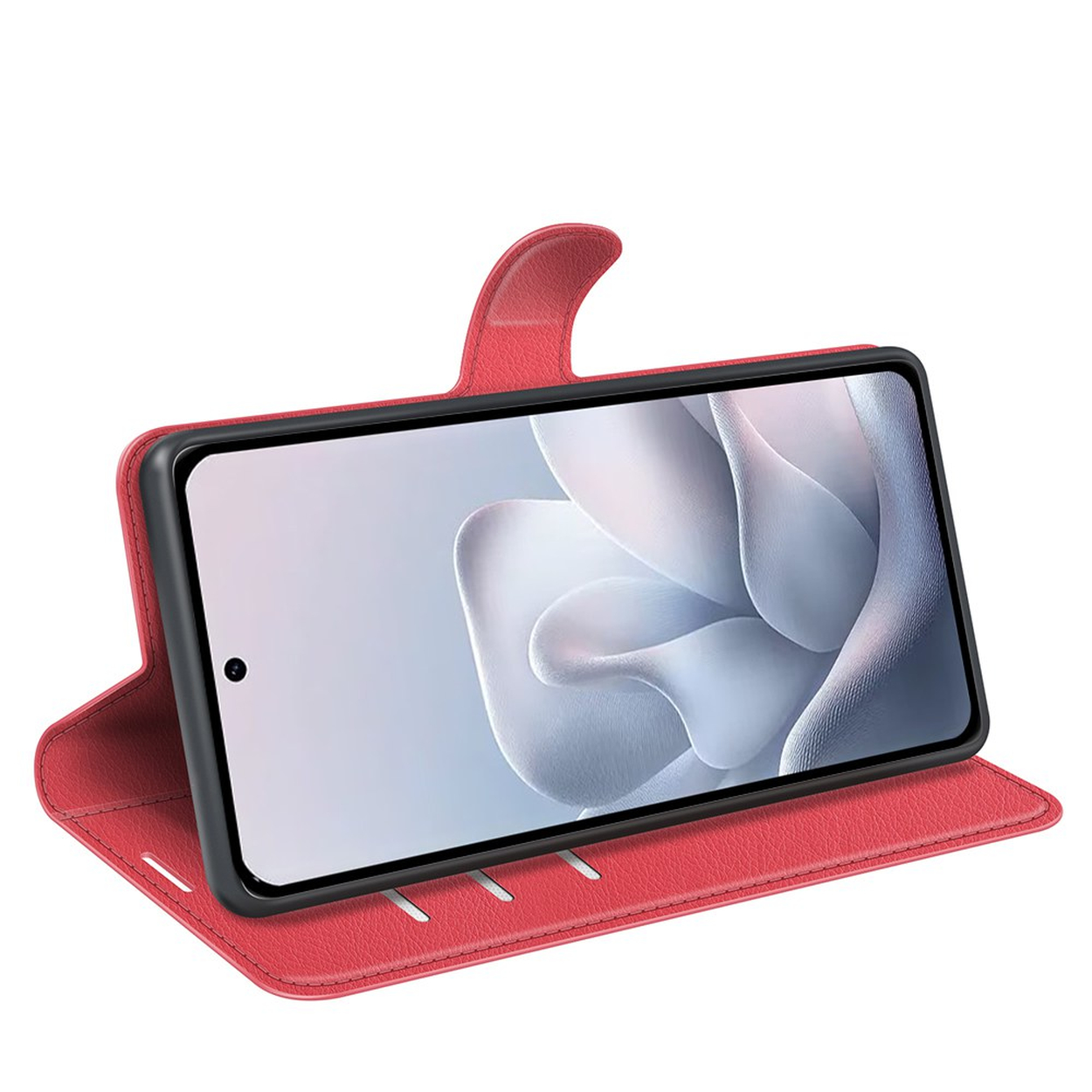 Un étui à rabat en cuir rouge pour smartphone, écran ouvert.