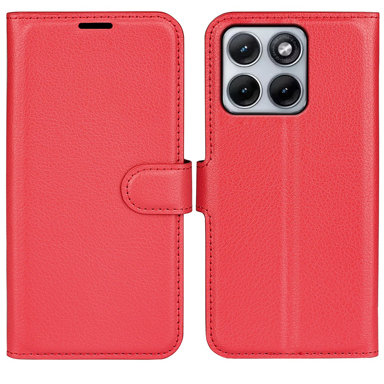 Étui de téléphone rouge en cuir avec système de caméra et fermeture magnétique.