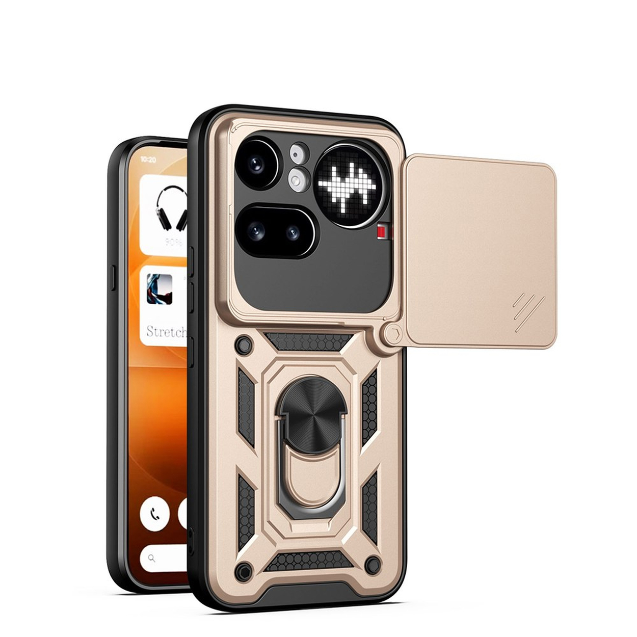 Une coque de téléphone dorée avec support anneau et cache-objectif sur fond blanc.