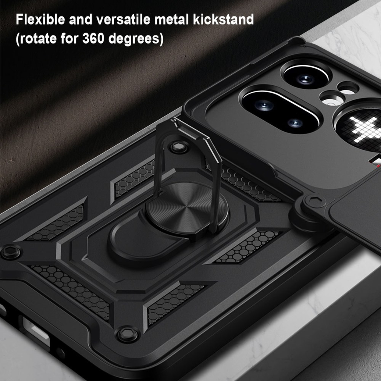 Coque de téléphone noire avec support métallique rotatif et anneau.