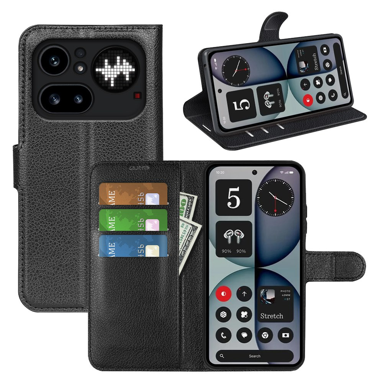 Étui portefeuille noir en cuir pour téléphone avec cartes de crédit et argent. L'écran affiche des applications.