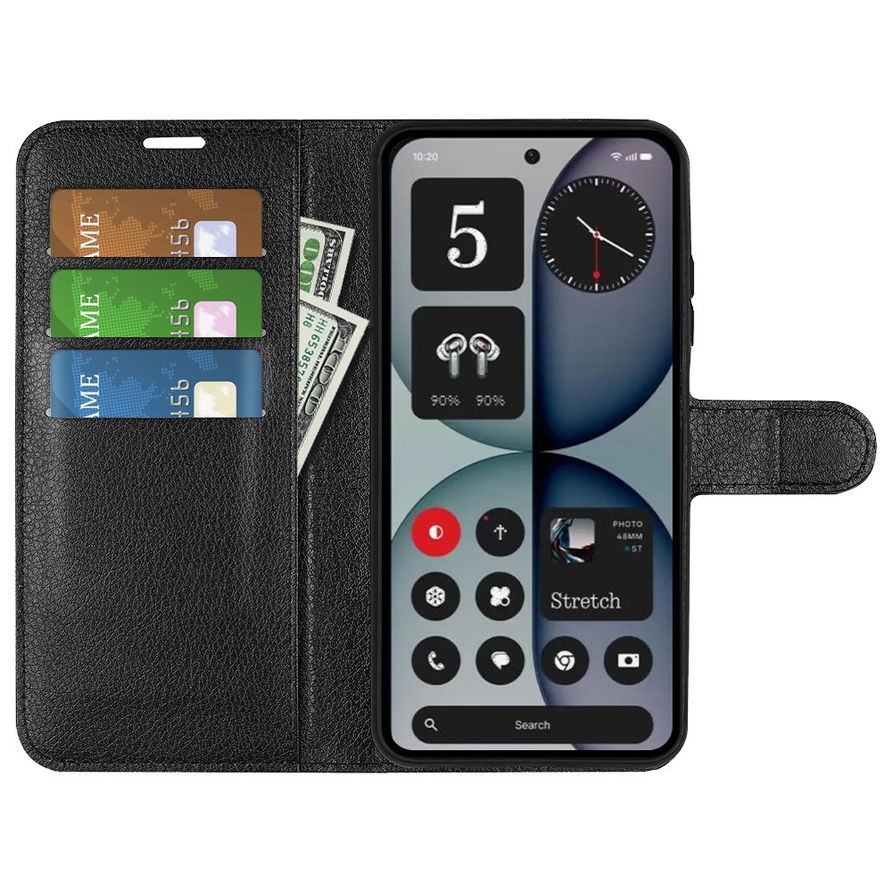 Étui portefeuille noir avec cartes de crédit et argent. Le téléphone affiche des widgets.