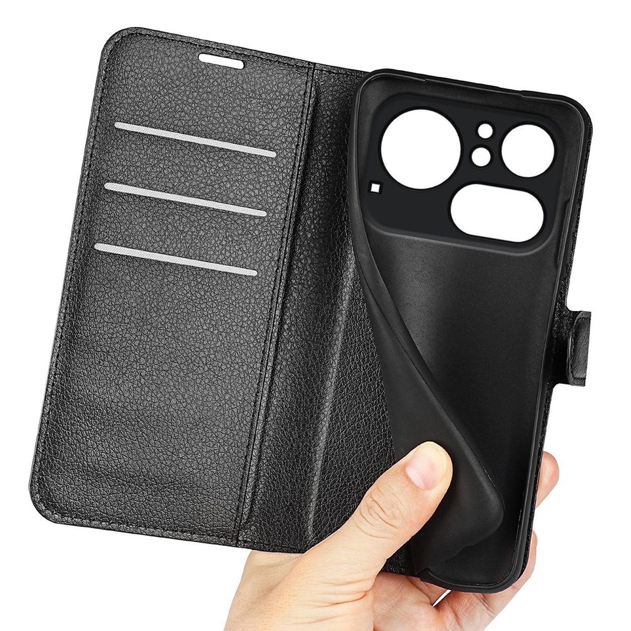 Étui portefeuille en cuir texturé noir, ouvert, montrant des emplacements pour cartes et un support de téléphone.