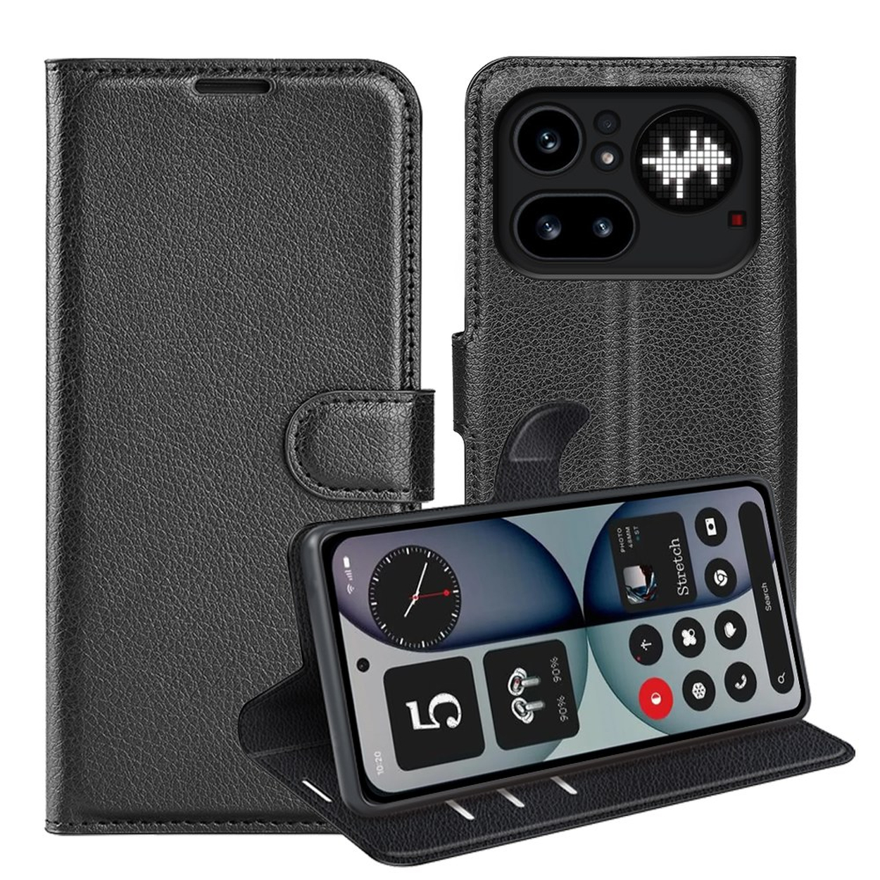 Un étui à rabat en cuir noir pour smartphone, ouvert montrant le téléphone.