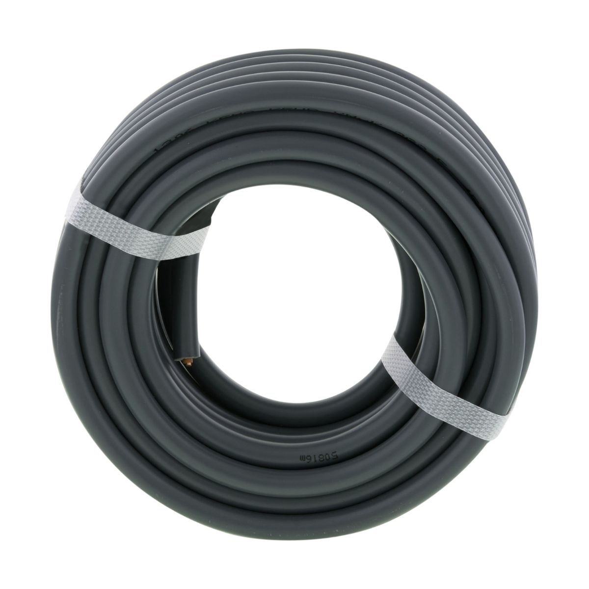 A coiled black cable secured with a white band. White background.