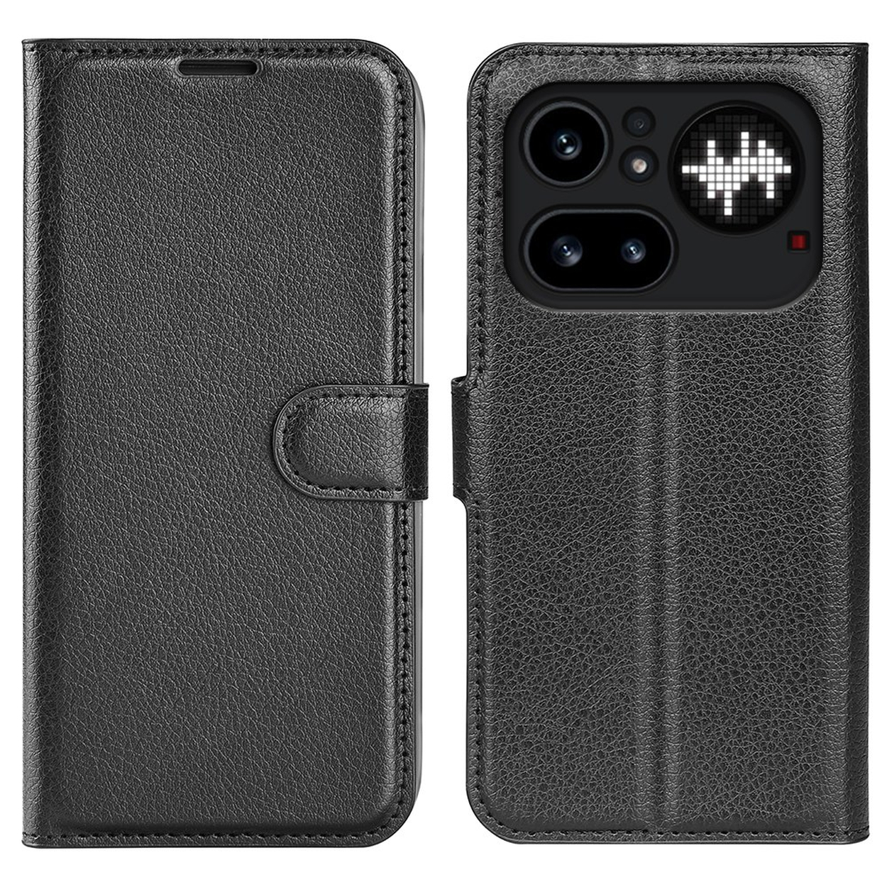 Étui à rabat en cuir noir pour téléphone avec protection caméra et fermoir.