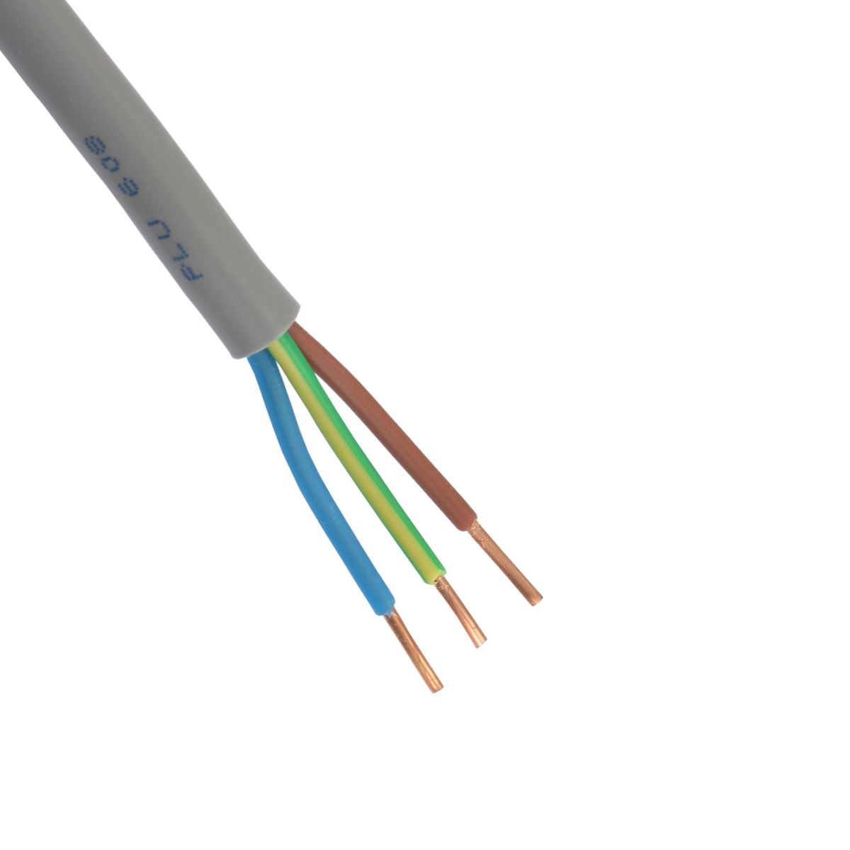A grey cable showing three exposed bare copper wires in blue, green, and brown.