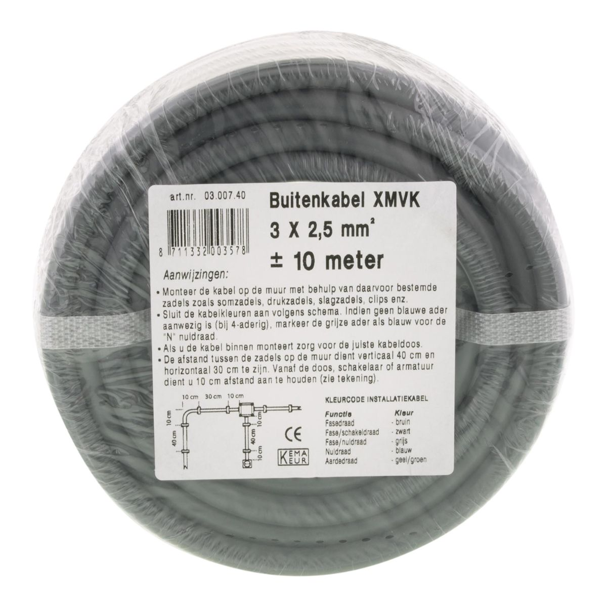 Gray XMVK cable, 3x2.5mm², 10m, with instructions and color code.