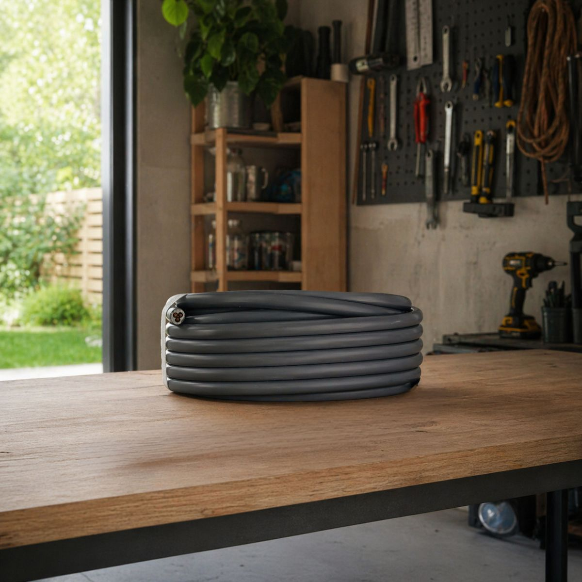 A coiled grey cable rests on a wooden table. Tools hang on the wall in the background.