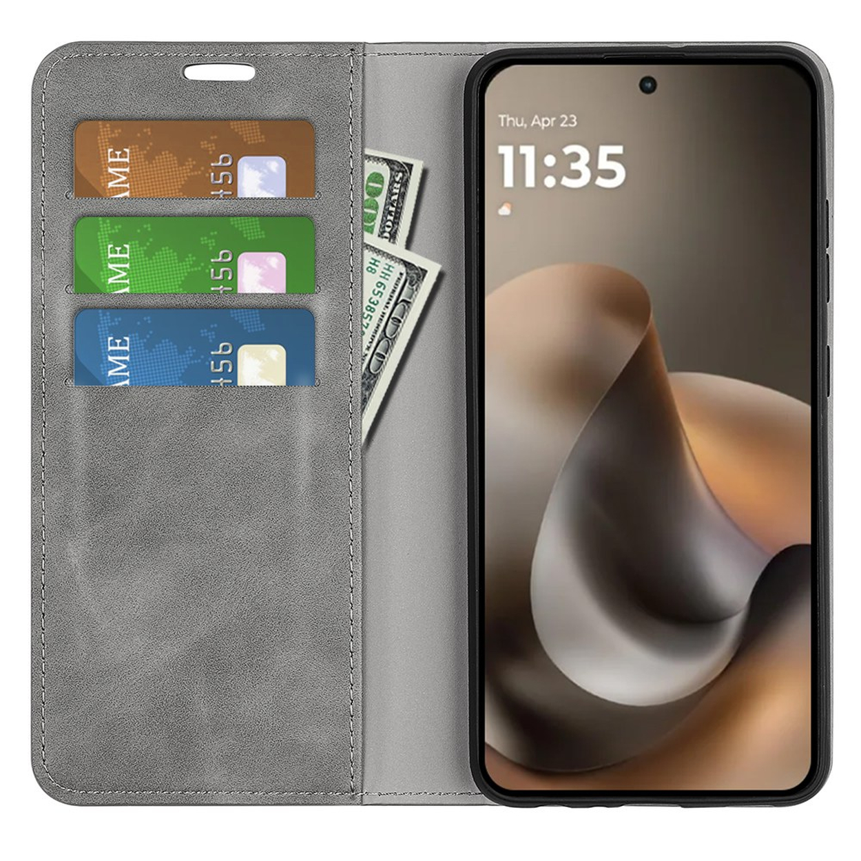 Grijze portemonnee telefoonhoes met kaartsleuven en geld. Telefoonscherm toont de tijd.