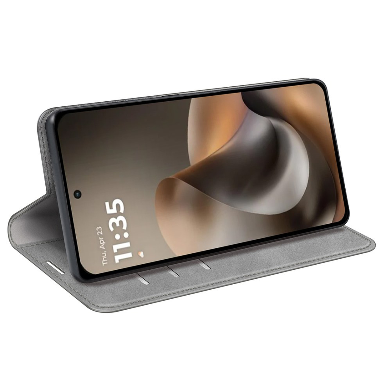 Grijze smartphonehoes met telefoon rechtopstaand die de tijd weergeeft.
