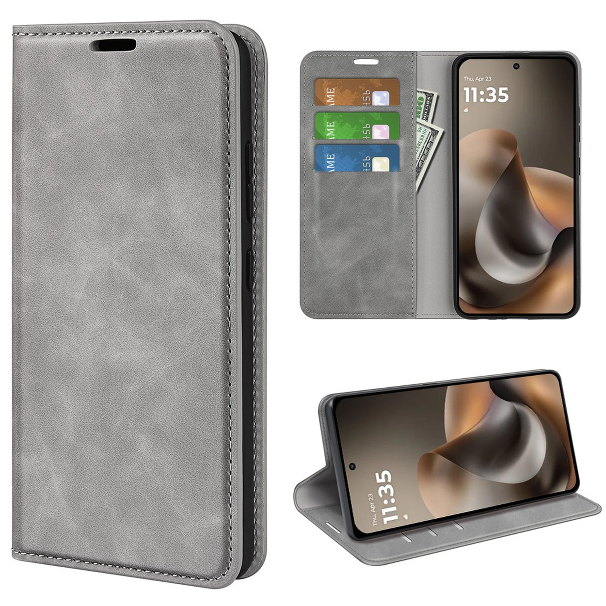 Grijze leren flipcase met kaartsleuven en telefoon in liggende modus.