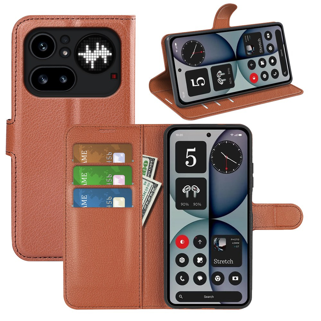 Bruine leren portemonnee hoes voor telefoon, met kaarten en contant geld.