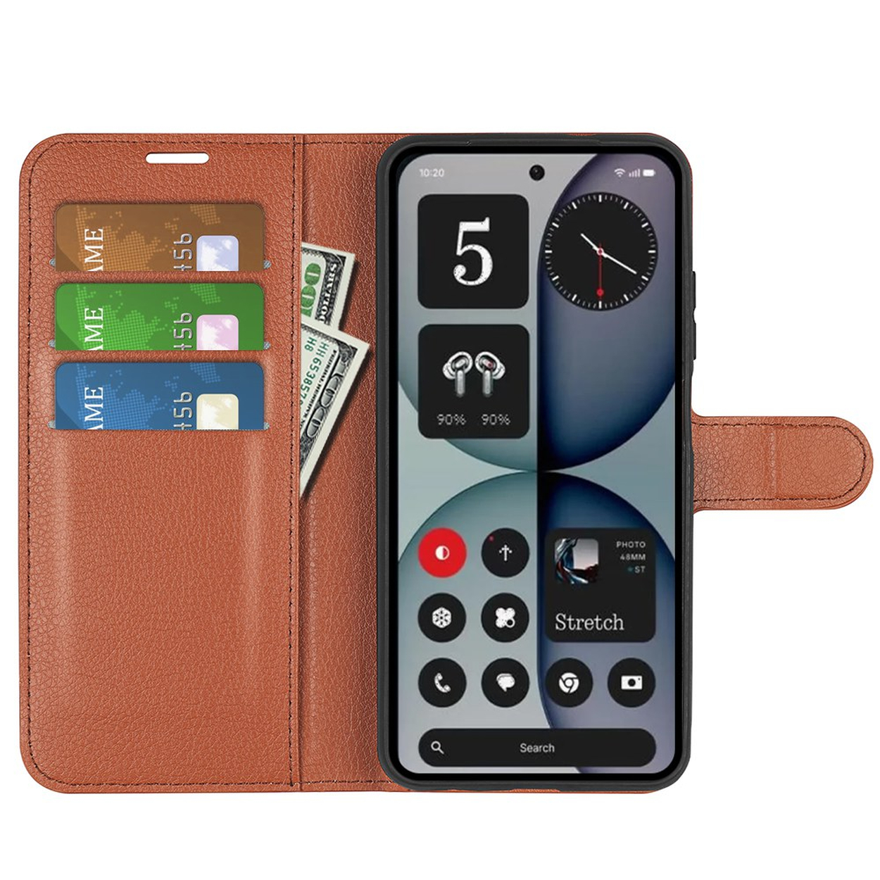 Een bruine portemonnee telefoonhoes met kaarten en bankbiljetten, naast een smartphone.