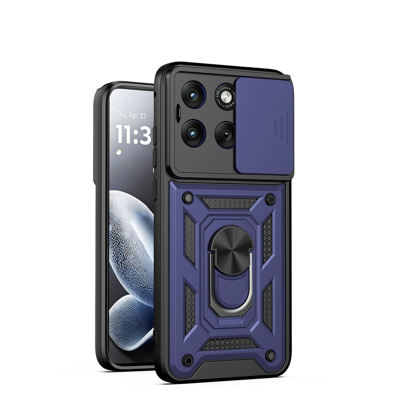 Une coque de téléphone bleue avec cache coulissant pour appareil photo et support bague.