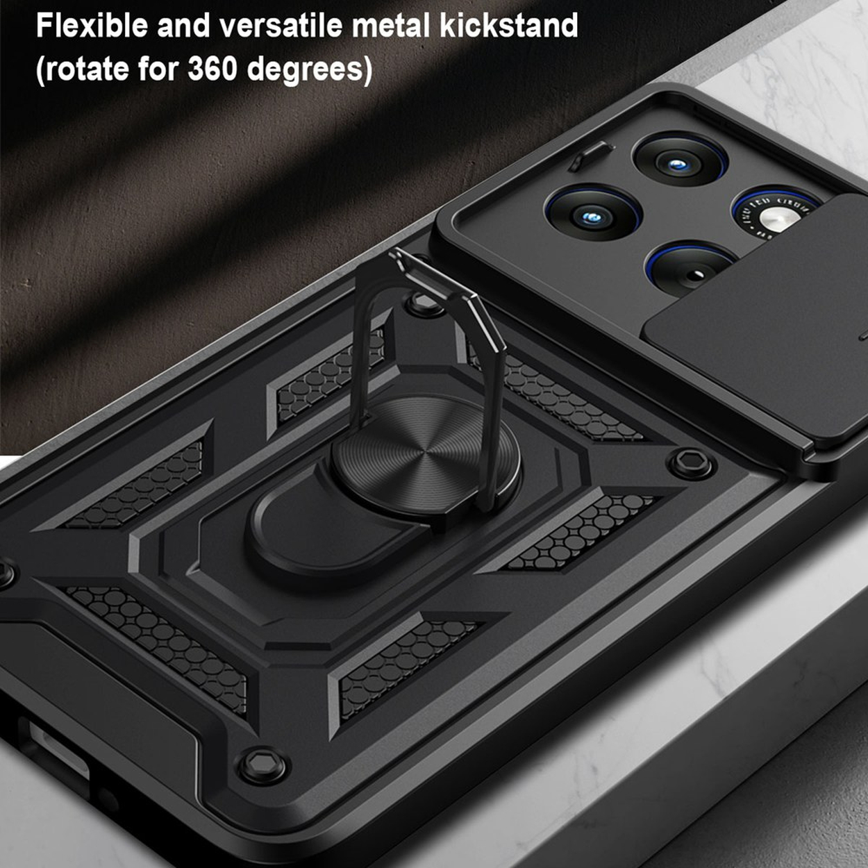 Coque de téléphone noire avec support bague métallique et cache coulissant pour appareil photo.
