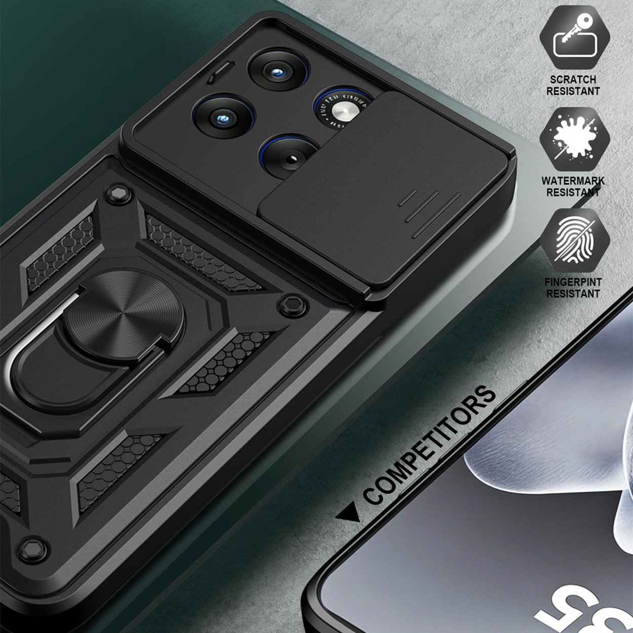 Coque de téléphone noire avec anneau et cache caméra, résistante aux rayures.