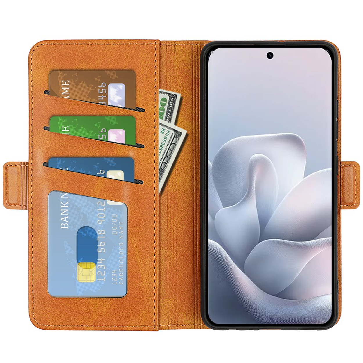 Un étui de téléphone marron avec des fentes pour cartes et des billets, à côté d'un smartphone.