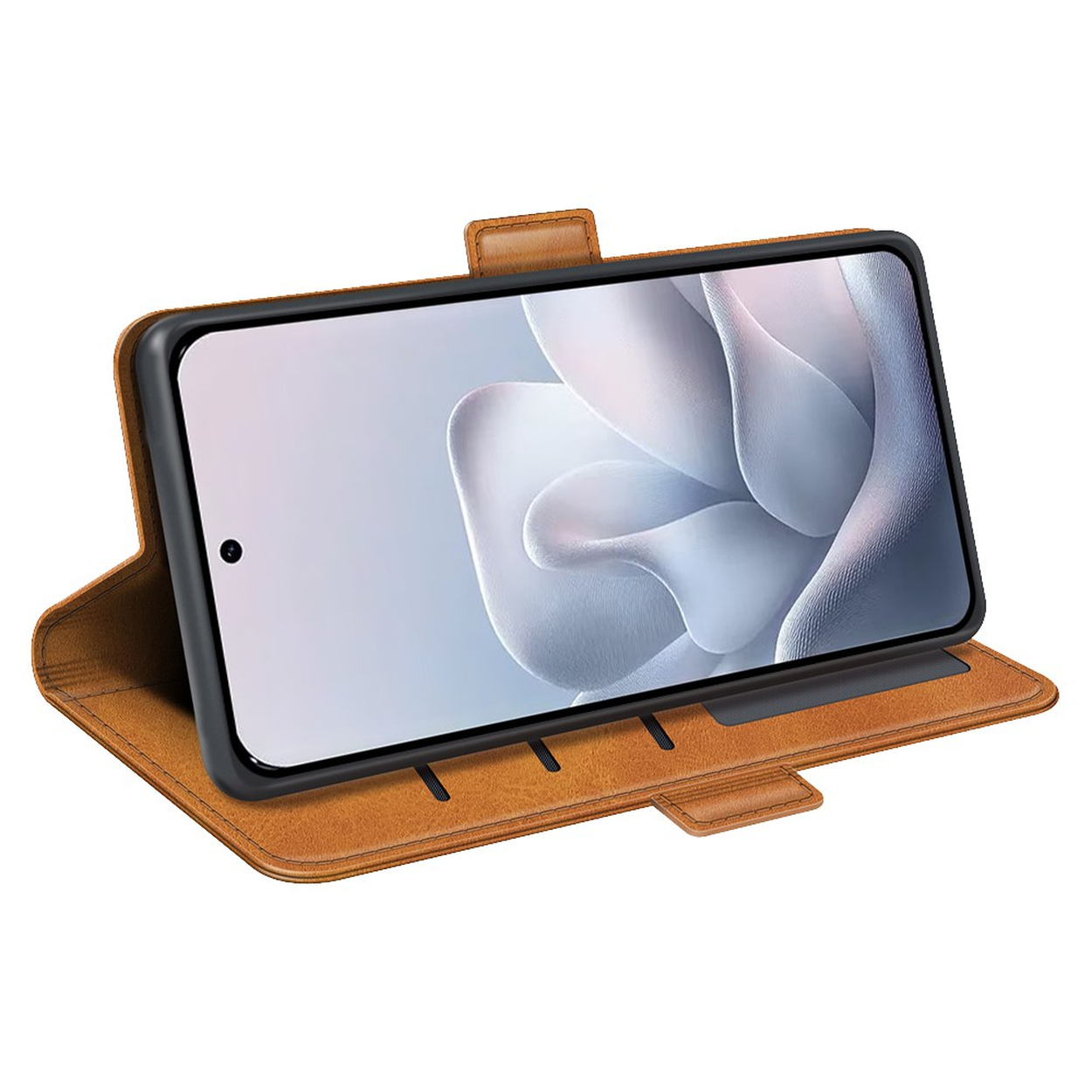 Un étui en cuir marron pour smartphone, présenté debout.