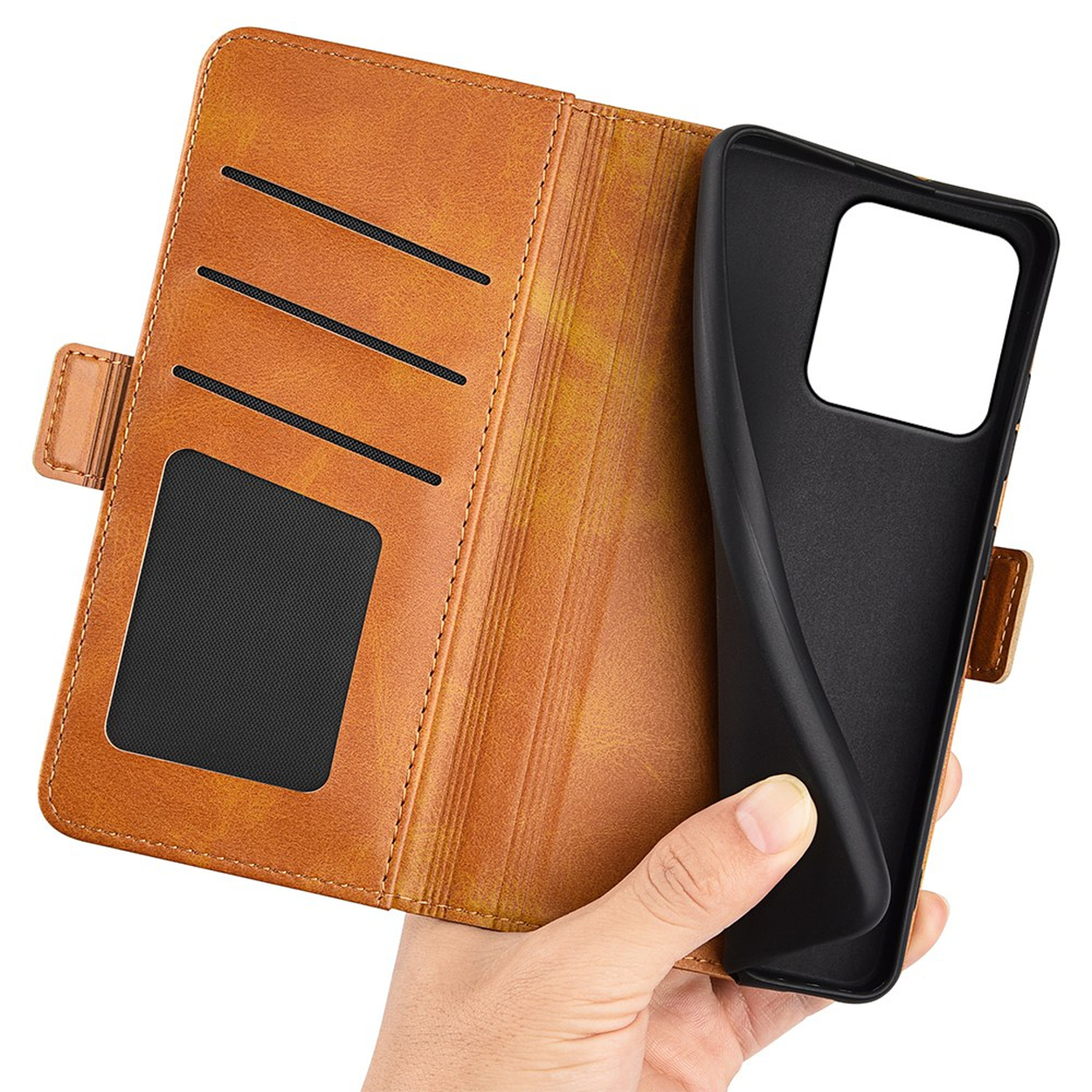 Un étui portefeuille en cuir marron avec fentes pour cartes et support noir.