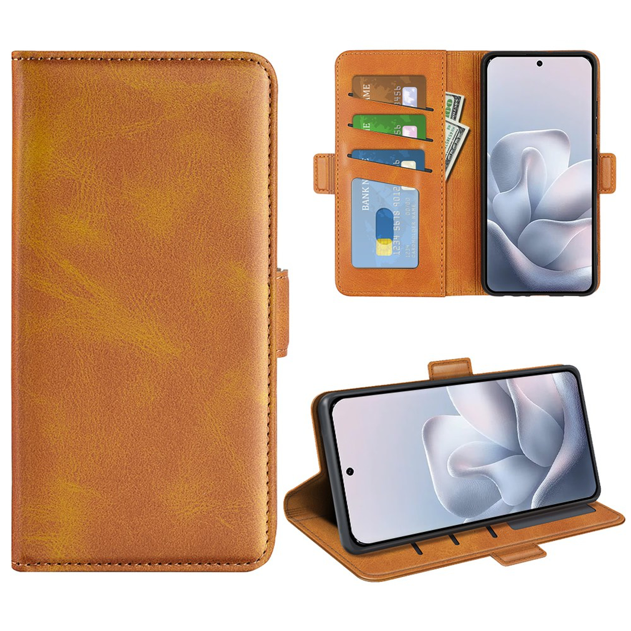Une housse de téléphone en cuir marron avec des fentes pour cartes et un téléphone.
