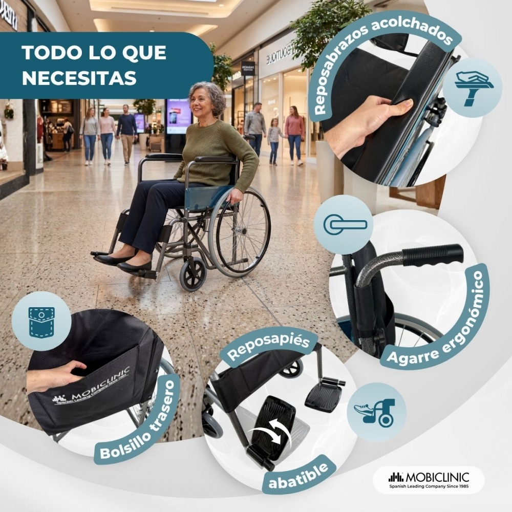 Una mujer en silla de ruedas en un centro comercial, con primeros planos de características.