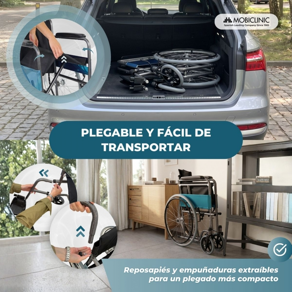 Una silla de ruedas plegable se carga en el maletero de un coche. Primeros planos muestran partes.