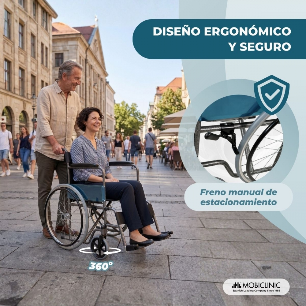 Hombre empuja a mujer en silla de ruedas por calle empedrada. Texto sobre diseño y freno.