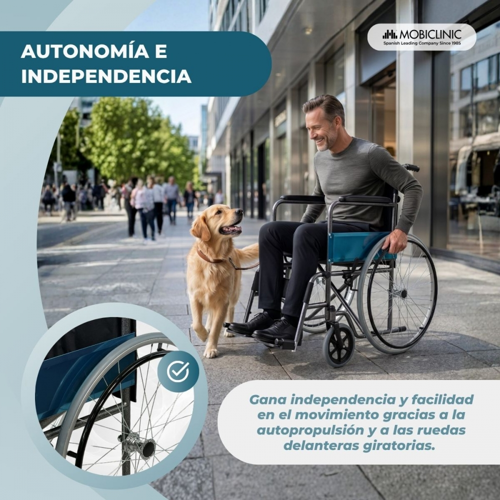 Un hombre en silla de ruedas con un Golden Retriever camina por una acera.