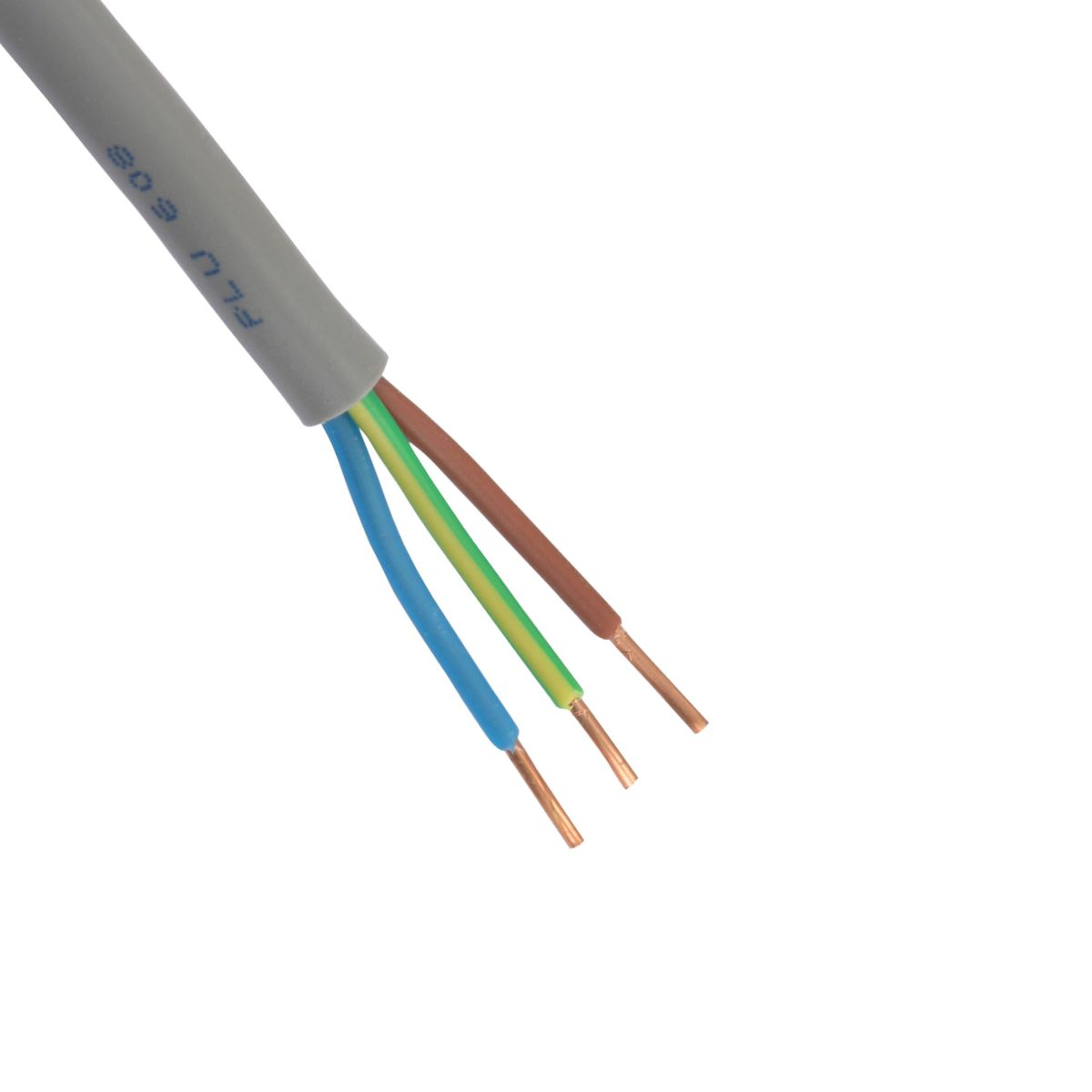 A grey cable with three exposed wires: blue, green/yellow, and brown.